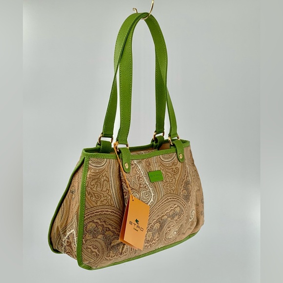 NWT Etro Milano Paisley Uncoated. Canvas & Lime Green Leather Trim Bag - Picture 2 of 16